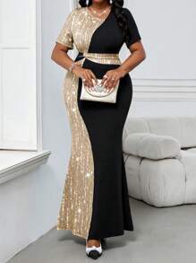 Fleurora 大码夏秋冬优雅派对婚礼酒会演唱会/音乐节彩色针织圆领美人鱼长袖连衣裙，情人节度假新年派对服装