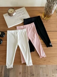 SHEIN LMoss Kids Baby Girl 3pcs Set Casual Knitted Elastic Waist Solid Color Pants, Versatile And Cute - Multicolor - View 5