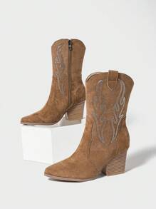 Styleloop Women's Pointed Toe Chunky Heel Mid-Heel Side Zipper Suede Brown Rhinestone Western Cowboy Rider Boots, Autumn/Winter - Khaki - View 5