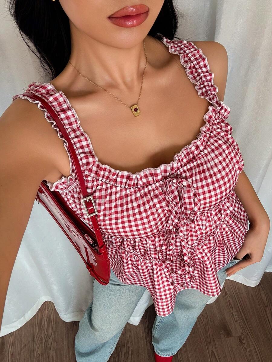 Chiquease Débardeur moulant pour femmes avec nœud papillon à volants taille rouge à carreaux romantique