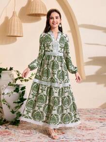 Tween Girls' Vacation Style Print Long Sleeve Dress - Green - View 1
