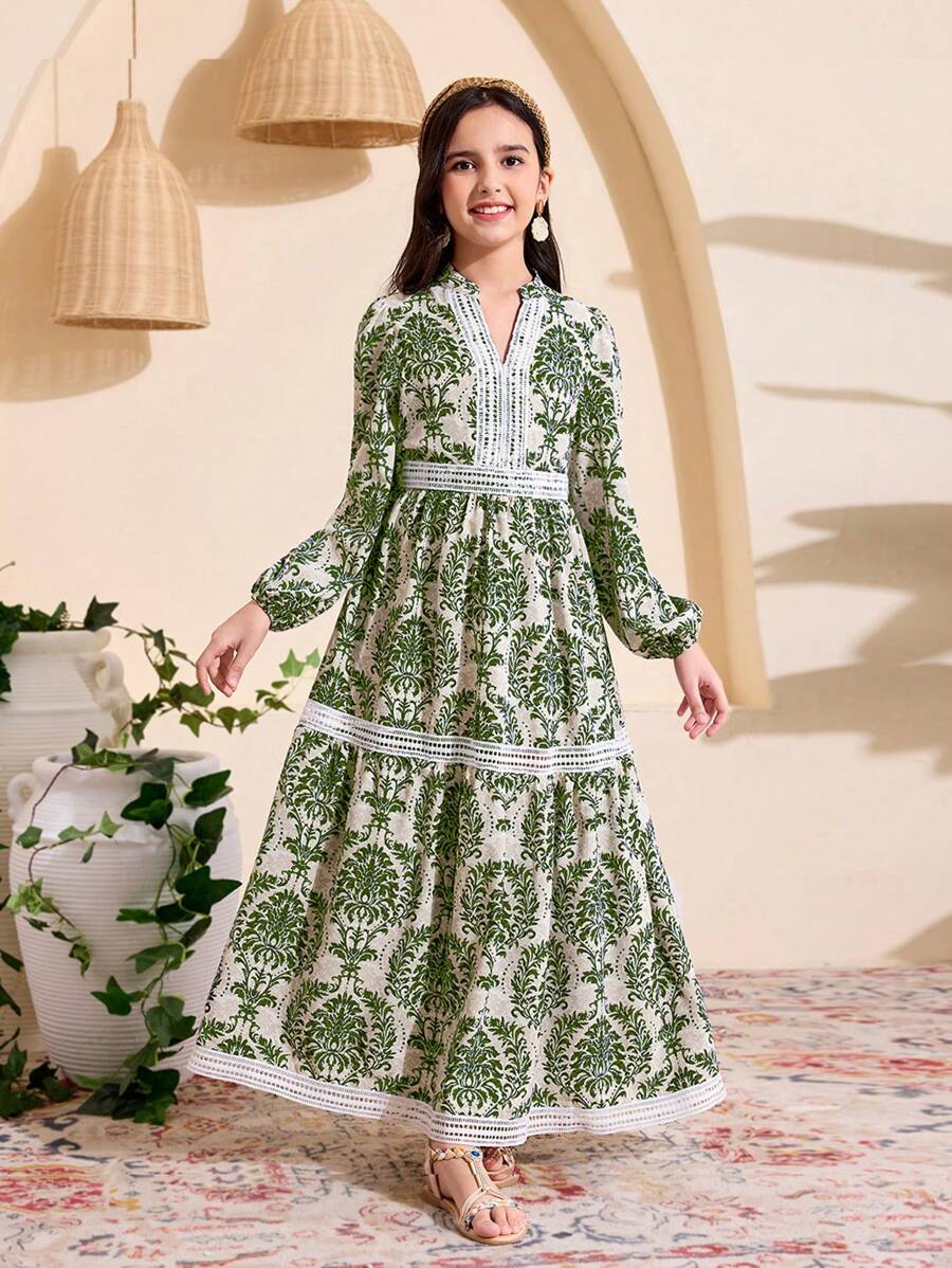 Tween Girls' Vacation Style Print Long Sleeve Dress - Green - View 1