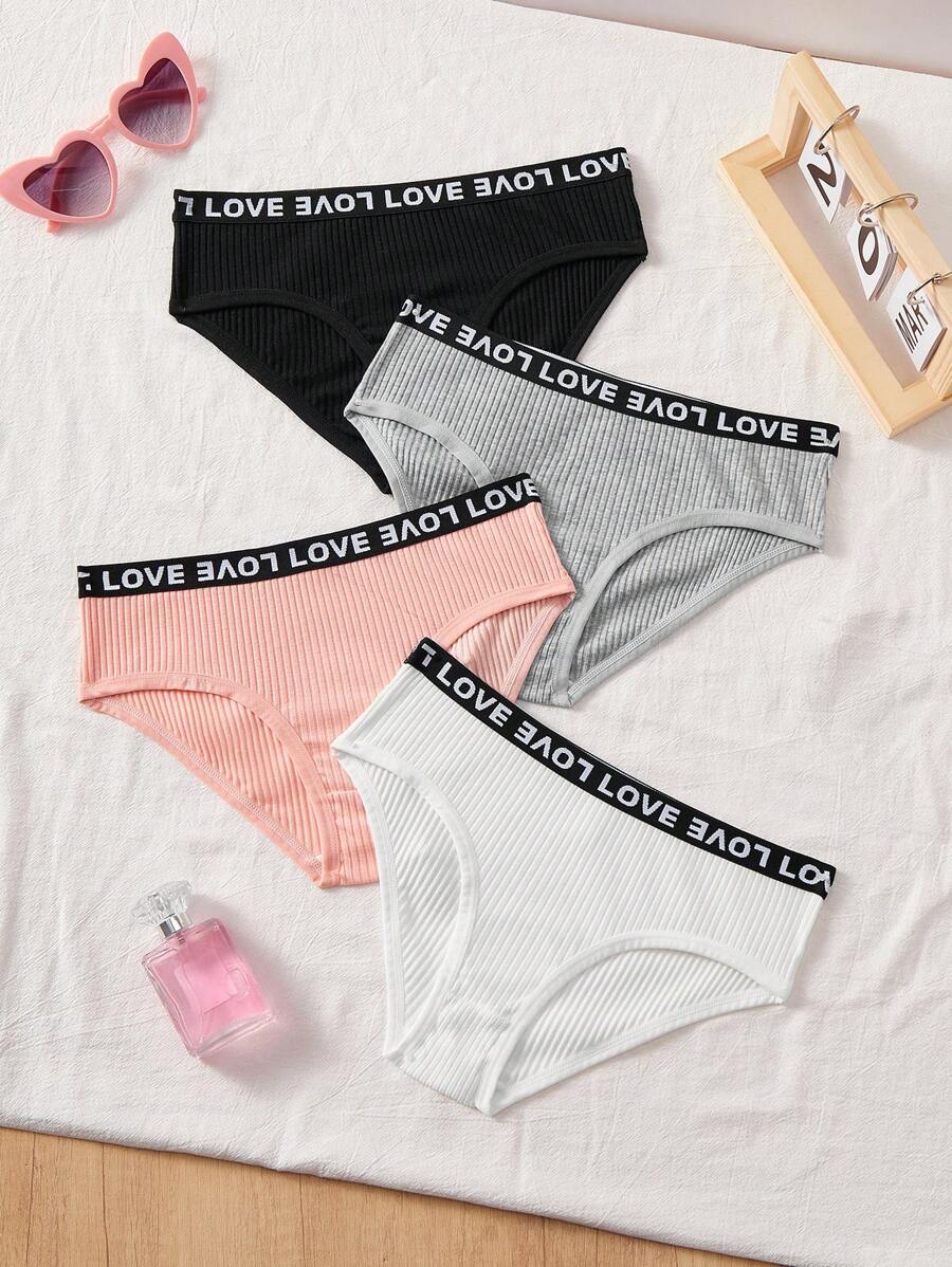 4pcs Tween Girls Ribbed Letter Elastic Comfy Triangle Briefs - Black - View 1