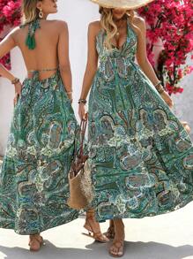 Breezaya 女士佩斯利印花露背系带流苏 A 字形连衣裙，适合春夏季假期 - 彩色 - 查看 3