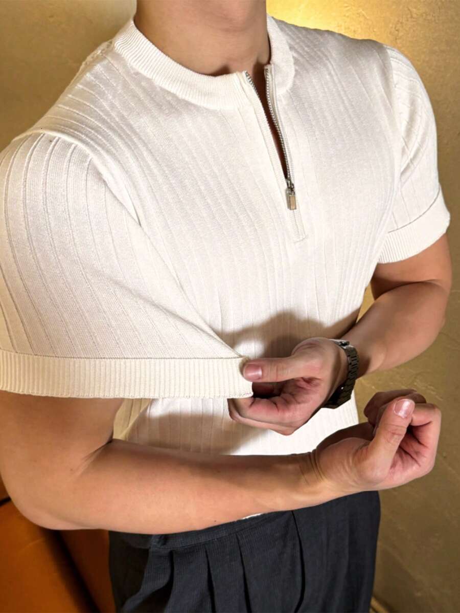 DAZY 男士纯色拉链高领短袖针织上衣，夏季四分之一拉链款 - 白色 - 查看 1