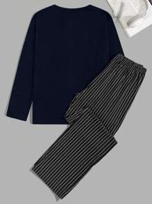RueChic Men Striped Pants Striped Pocket Regular Longsleeve Homewear Set - Navy Blue - View 2