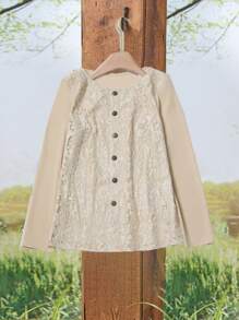 SHEIN LUNE Women's Vintage Contrast Lace Long Sleeve Button Up Blouse - Khaki - View 1
