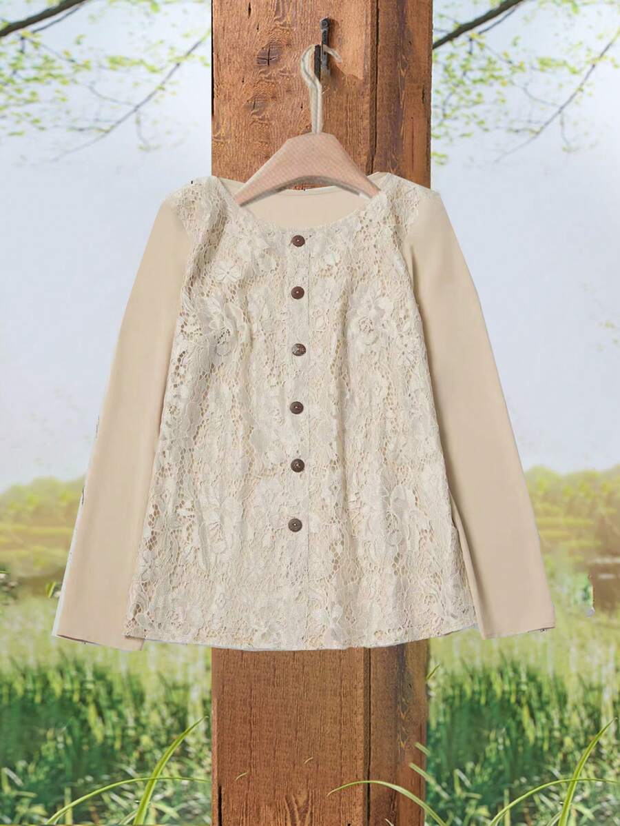 SHEIN LUNE Women's Vintage Contrast Lace Long Sleeve Button Up Blouse - Khaki - View 1