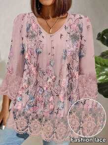 EMERY ROSE Plus Size V-Neck Floral Embroidery Lace Patchwork Elegant T-Shirt Graphic Tees Women Tops - Baby Pink - View 1