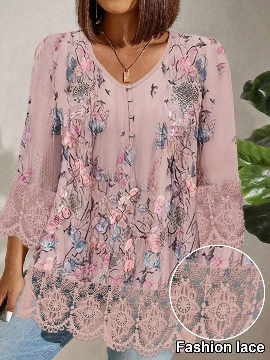 EMERY ROSE Plus Size V-Neck Floral Embroidery Lace Patchwork Elegant T-Shirt Graphic Tees Women Tops - Baby Pink - View 1