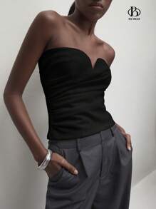 BizChic 女士纯色褶皱无袖吊带背心，优雅浪漫休闲日常穿着，简约时尚基本款商务休闲衬衫，Y2K 街头潮流 - 黑色 - 查看 2