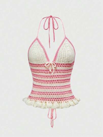 Kawaii Cute & Sweet Bowknot Flounce Open Back Knitted Crop Top, Summer Beach