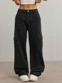 SHEIN PETITE Casual Simple Solid Color Cargo Denim Jeans