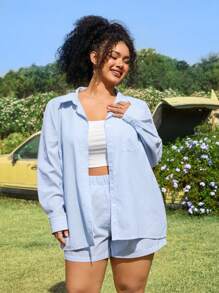 SHEIN EZwear 3 件套：条纹舒适长袖衬衫、纯色吊带背心和宽条纹短裤，适合休闲春季穿着，加大码 - 藍色 - 查看 3