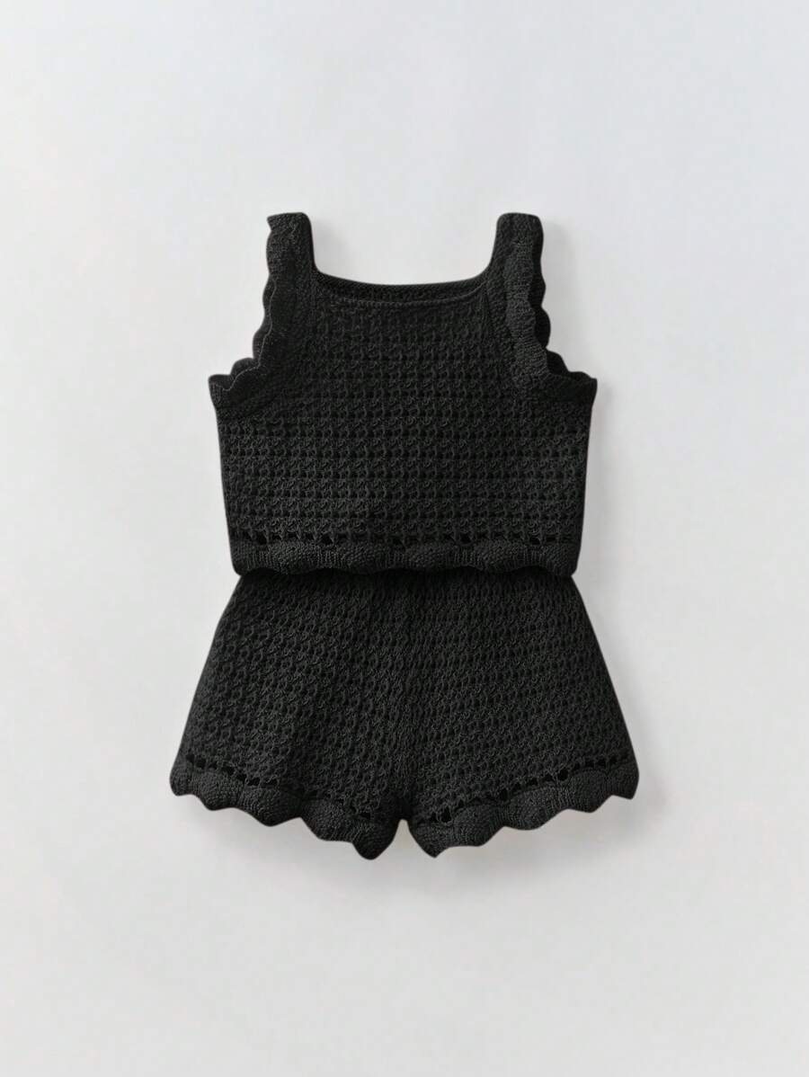 Maija Kids Maija Kids Bộ 2 món/bộ áo không tay và quần short lưới thoáng khí dễ thương cho bé gái đi nghỉ mát, thích hợp mặc ngoài trời và ở nhà, mùa xuân/hè - màu đen - Xem 1