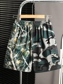 Shorts casuales y cómodos para niños preadolescentes con estilo callejero, de punto suelto con estampado de camuflaje y hoja marchita, aptos para la escuela, el jardín, la playa y cumpleaños en primavera/verano