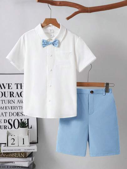 2 件儿童青少年男童休闲领衬衫搭配宽松领带和纯色短裤，绅士装套装