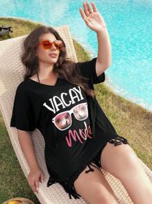 Swim Lushoire Women Plus Size Printed V-Neck Short Sleeve Loose Beach Coverup For Summer Beach Vacation - Black - View 6
