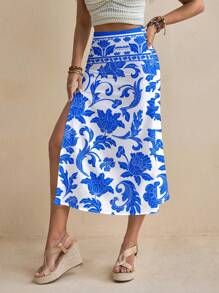 Glamance Whitebread Saia feminina azul sexy com estampa floral por toda a peça, ideal para o verão. - Azul - Ver 5