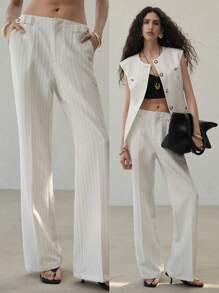 MOTF PREMIUM STRIPED PRESS CREASE FLARE LEG SUIT PANTS - Black and White - View 1