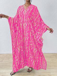 SHEIN Clasi 女士条纹蝙蝠袖 V 领开衩长衬衫罩衫连衣裙长款女装 - 玫紅色 - 查看 5