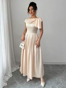 Elenzga Vestido largo de verano elegante en color albaricoque sólido para mujeres