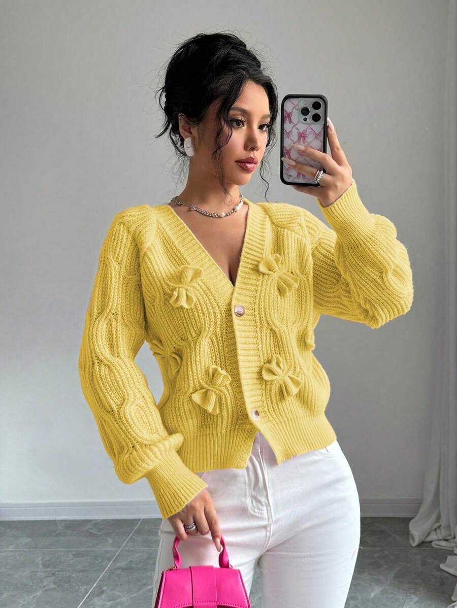 Elenzga 女士精致淡黄色蝴蝶结开衫