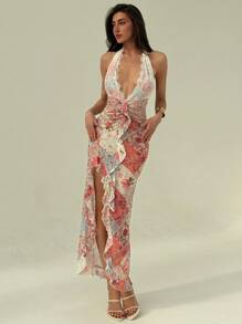 Aloruh New Romantic Ditsy Floral Mesh Printed Vintage Paisley Pattern Sexy Deep V Halter Backless Semi-Sheer Beach Bikini Cover-Up Boho Dress