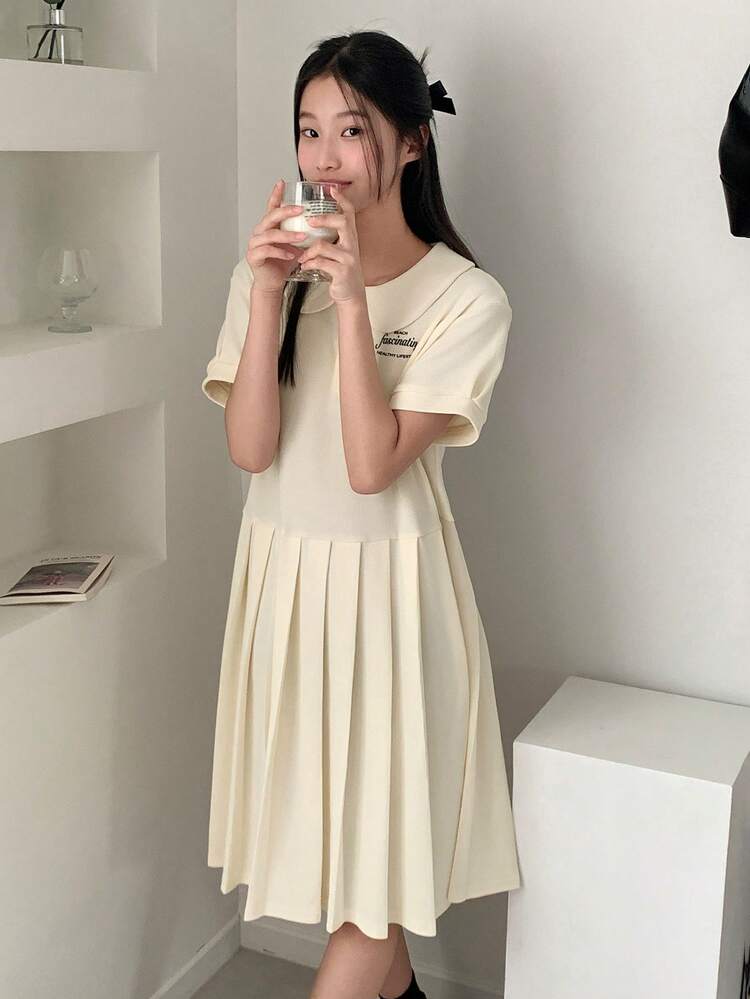 Tween Girls Casual Letter Print Pleated Hem Dress