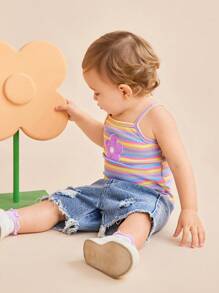 SHEIN 2pcs/Set Baby Girls Peter Pan Collar Rainbow Ribbed Tee + Elastic Waist Denim Ripped Shorts Set, Adorable Casual Outfit For Summer - Multicolor - View 5