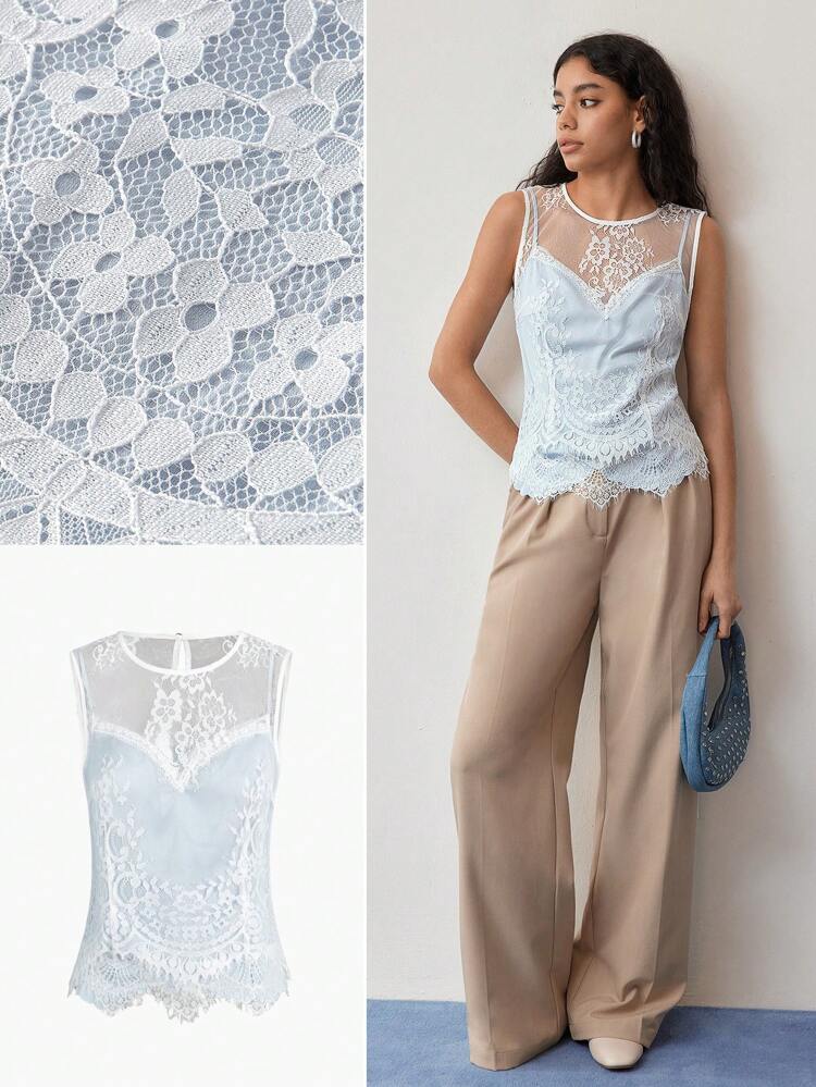 MOTF STUDIO CONTRAST LACE SLEEVELESS BLOUSE