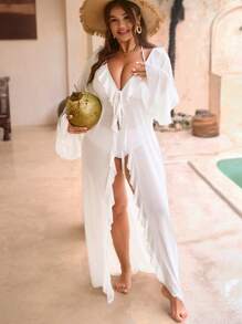 Swim Vcay 大码女士休闲睡袍，荷叶边装饰，适合夏季海滩度假穿着