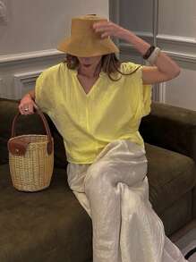 Chiquease Áo sơ mi nữ màu trơn thanh lịch đi nghỉ mát, thời trang tối giản, phù hợp cho mùa hè - Màu vàng - Xem 3