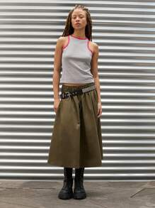 COUREZ Parachute Low Waist Midi Skirt Y2K Vintage 100%Cotton - Army Green - View 4