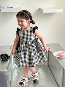 SHEIN LMoss Kids 女婴夏季可爱黑白格子蝴蝶结装饰连衣裙