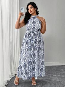 Elenzga Elegant Patterned Plus Size Dress, Spring/Summer - Blue - View 5