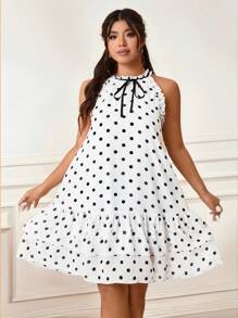 SHEIN Belle Váy không tay dáng chữ A rộng rãi, viền ren hoa, nơ, dây đeo vai, xếp nếp, chấm bi, thanh lịch cho ngày lễ tình nhân - Màu Xám nhạt - Xem 3