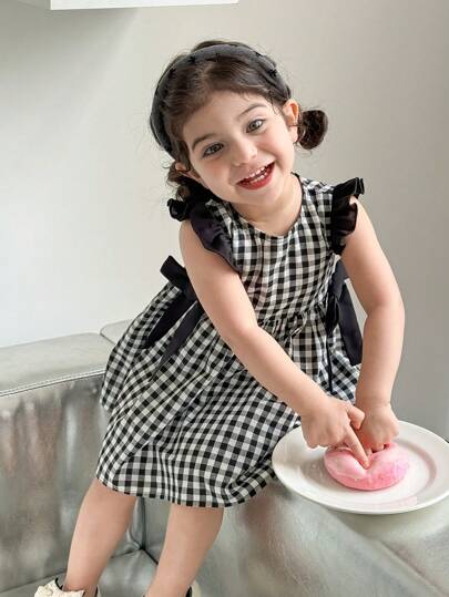 SHEIN LMoss Kids 女婴夏季可爱黑白格子蝴蝶结装饰连衣裙