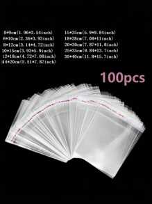 SHEIN 100 piezas, Bolsas de plástico transparente a prueba de polvo con adhesivo, con talla grande de diez tamaños para elegir y usar para accesorios pequeños, hornear, llaveros, colgantes, tarjetas, suministros de envasado de regalos festivos, bolsas de almacenamiento transparentes, bolsas de embalaje, Día de San Valentín, Valen