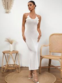 SHEIN Swim Elegant & Delicate White Crochet Floral Wedding Cover Up Dress For Women, Summer Beach Vacation - White - View 3