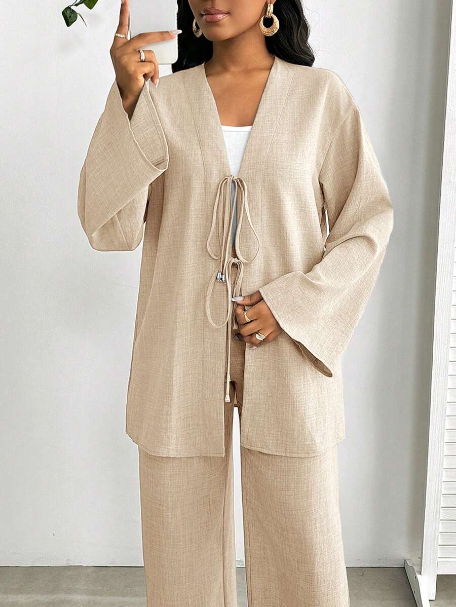 SHEIN Lady 2pcs Women Casual Front Tie Long Sleeve Top And Pants Set, Solid Color Blue Women's Two Pieces Set - Khaki - View 1