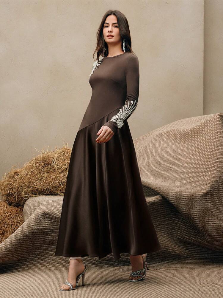 Round Neck Long Sleeve Flared Waist Fitted Elegant Urban Dress, Spring Outfits For Women, Valentine's Day, Date Night