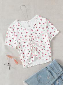 T-shirt slim à manches courtes avec fleurs éparpillées et froncis, pour ados filles - Blanc - Voir 3