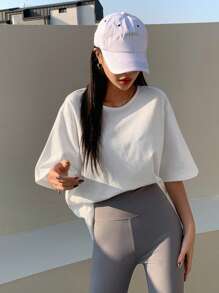 DAZY Solid Split Hem Patched Drop Shoulder Tee - White - View 8