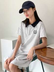 DAZY Tween Girl Front Zipper Short Sleeve Simple Casual Dress, Daily Wear - Grey - View 8