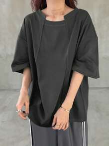 FRIFUL 女士纯色落肩休闲宽松圆领T恤夏季超大码T恤