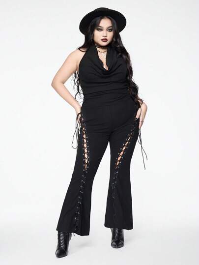 Grunge Punk Sexy große Größen Jumpsuit mit drapiertem Ausschnitt, Cut Out Optik und Kordelzug, weites Bein