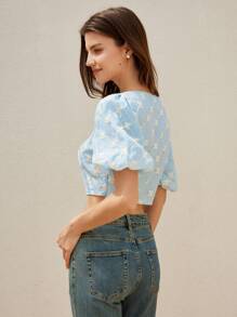 Aveloria 女装2025春夏新款欧美时尚女孩减龄百搭可爱泡泡袖宽领收腰修身短款上衣撞色蝴蝶结刺绣细节 - 藍色 - 查看 6