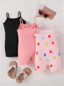 SHEIN Leap Crew 3pcs Set Young Girl Solid Color Snug Fit Casual Jumpsuit & Flower Pattern Knit Casual Jumpsuit Set For Spring - Purple - View 2