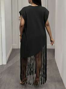 Slaydiva Plus Size Loose Solid Black Long Tasseled T-Shirt Dress, Casual For Spring/Summer Vacation - Black - View 2